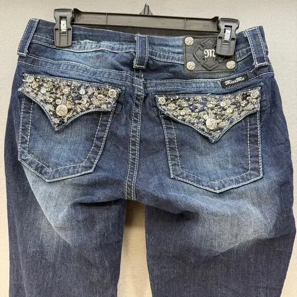 Miss Me Jeans Women's 28x33 (6) Dark Blue Mid Rise Boot Embellished Bling EUC - Picture 1 of 14